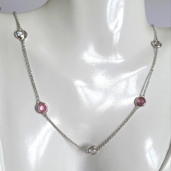 Dainty Sterling Silver Elegant Feminine Pink Round Crystal Chain Necklace - Picture 4 of 9